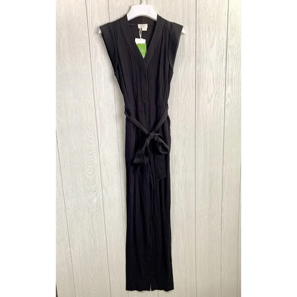 Kate Spade Black Satin Crepe Sleeveless V-Neck Jumpsuit Size 0 NWT